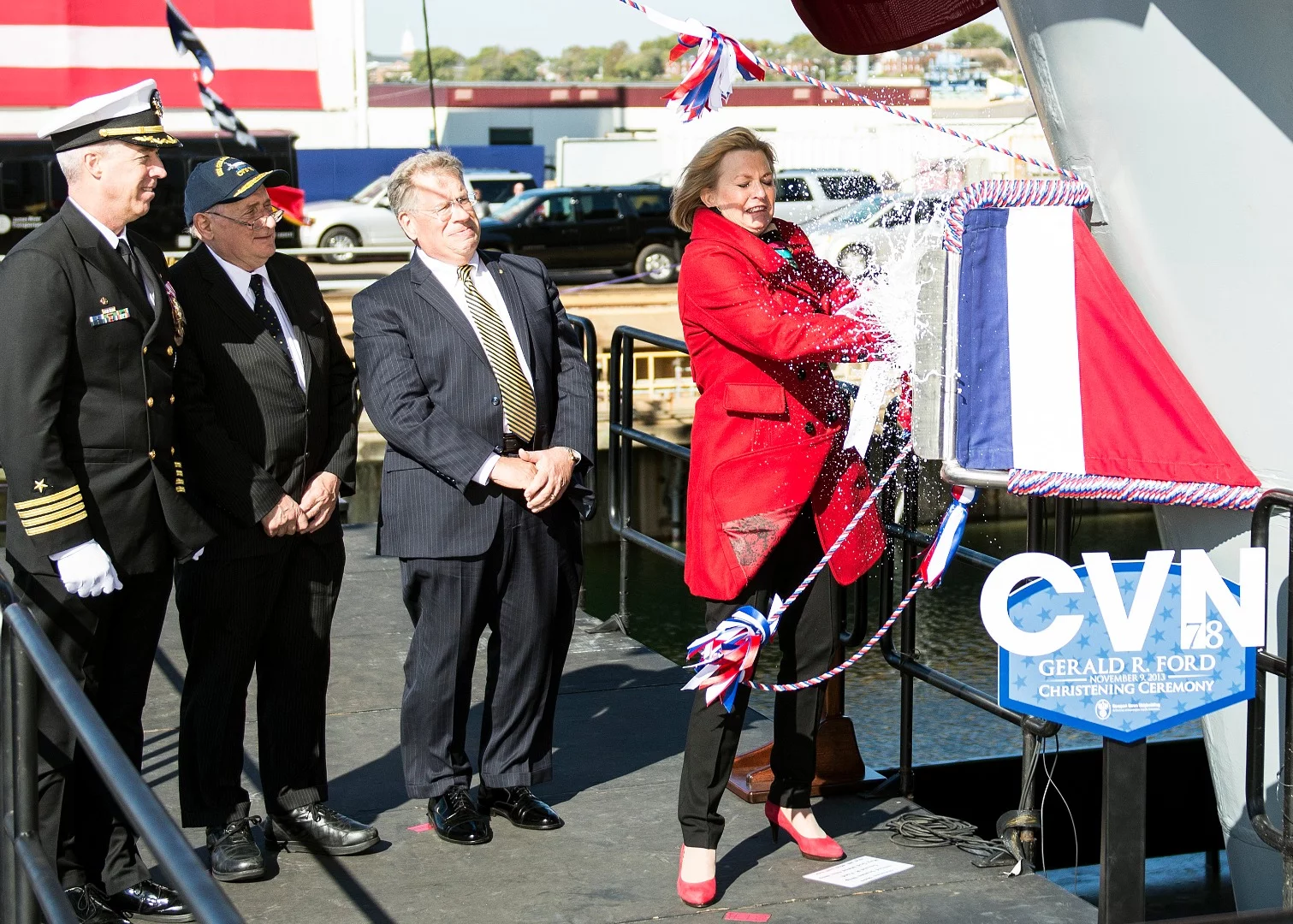 Ship's Sponsor Susan Ford Bales, daughter of President Gerald R. Ford, christens the aircraft carrier, USS Gerald R. Ford