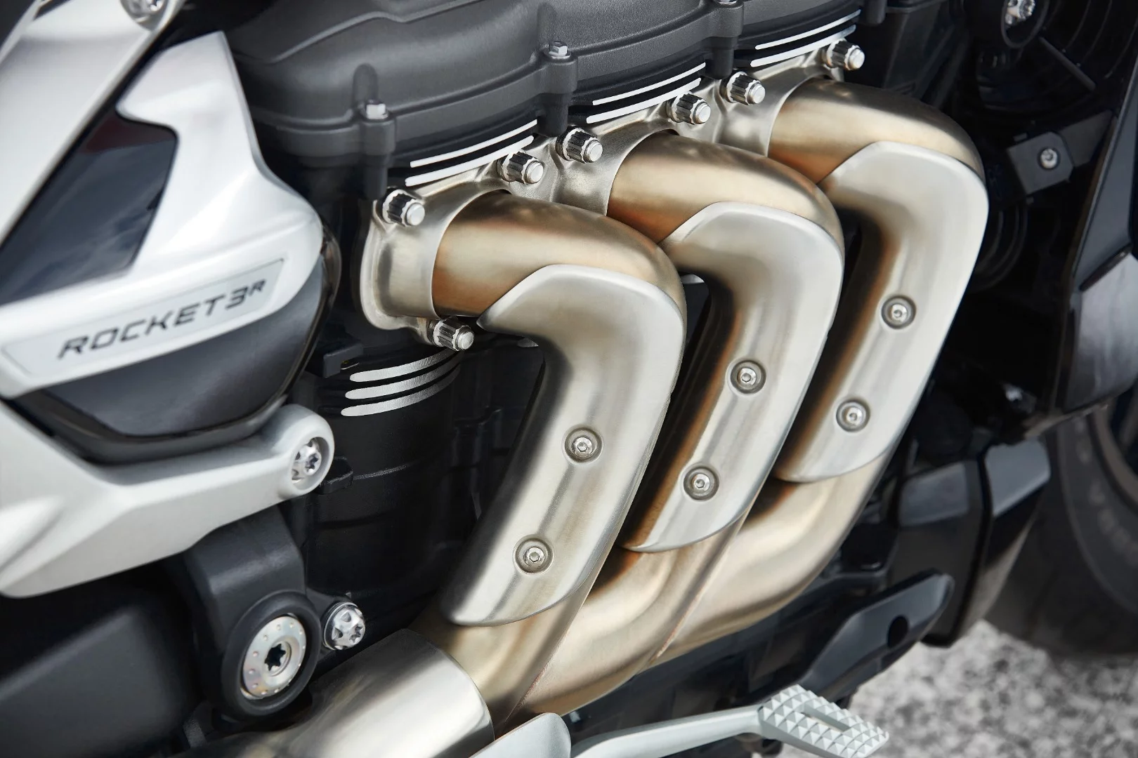 The exhaust header pipes of the 2020 Triumph Rocket 3 are manufactured with a hydroforming process