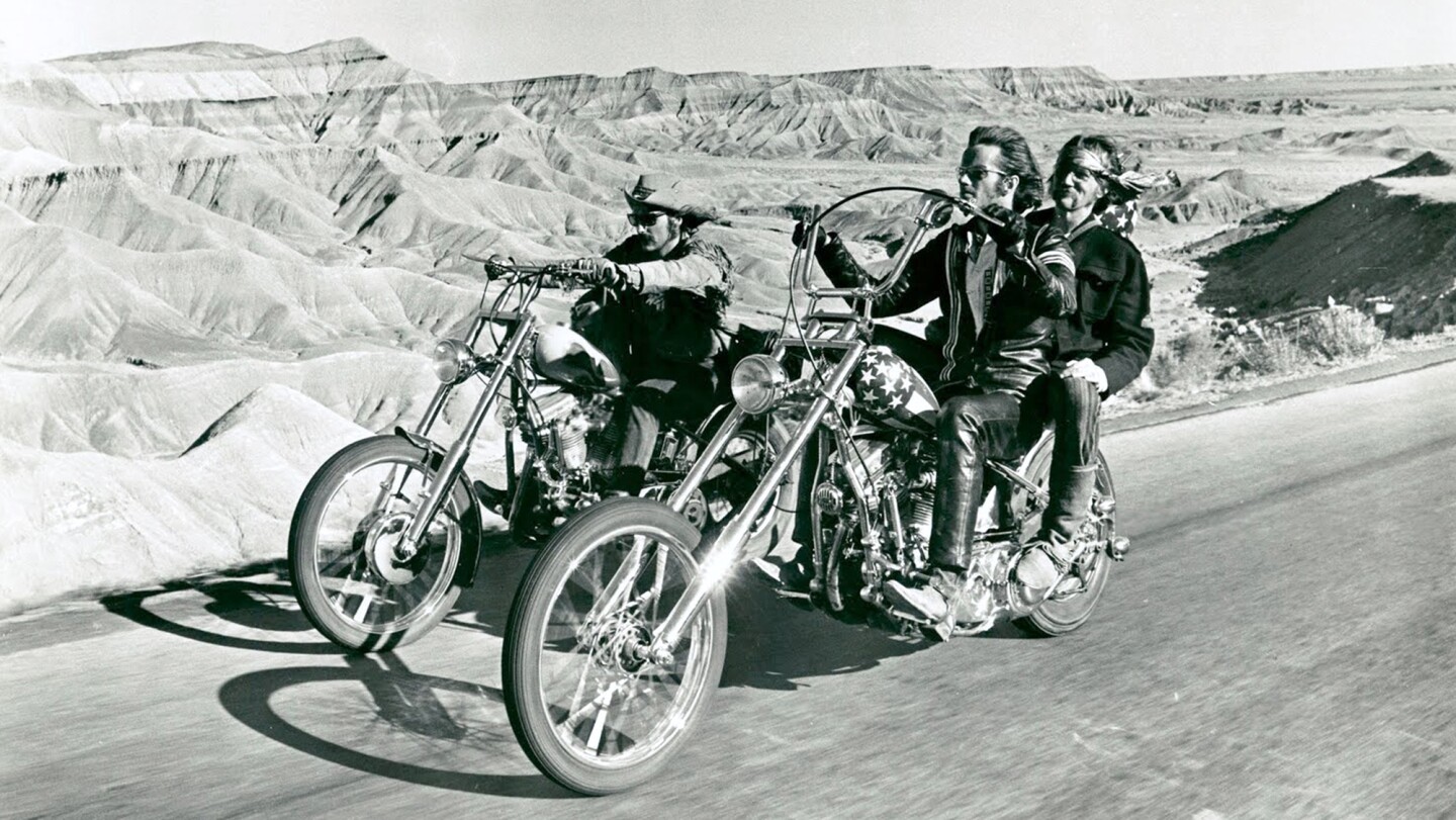 The current world auction record holder for motorcycles, the Captain America Chopper ridden by Peter Fonda in the film Easyriders, seen here in a publicity still for the film