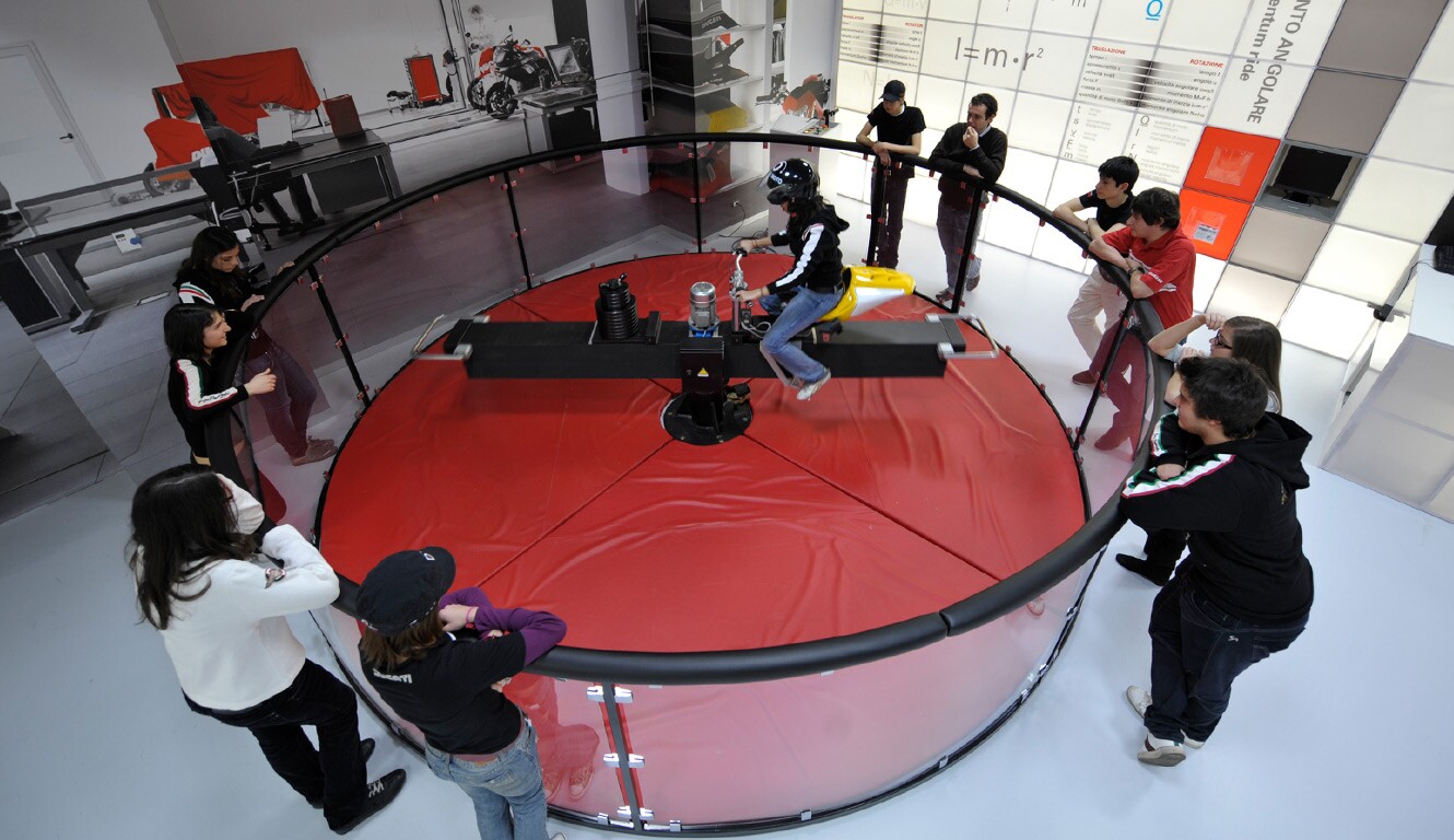 The experiment in the second room of the Fisika in Moto lab is designed to demonstrate what angular speed and momentum is, and which physical parameters affect it