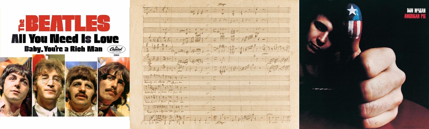 Several handwritten lyrics to popular songs have fetched similar amounts at auction to Einstein's groundbreaking paper, with John Lennon's original words for the Beatles' 'All You Need is Love' fetching $1.25 million, Don McLean's handwritten lyrics to 'American Pie' fetching $1,205,000 and the two-page words written by John Lennon for 'A Day in the Life' from the Beatles' 1967 album Sgt. Pepper's Lonely Hearts Club Band fetching $1,202,500. Popular culture outsells most comparable genres: Wolfgang Amadeus Mozart's autograph manuscript for 'The Kyrie in C' fetched $974,000.