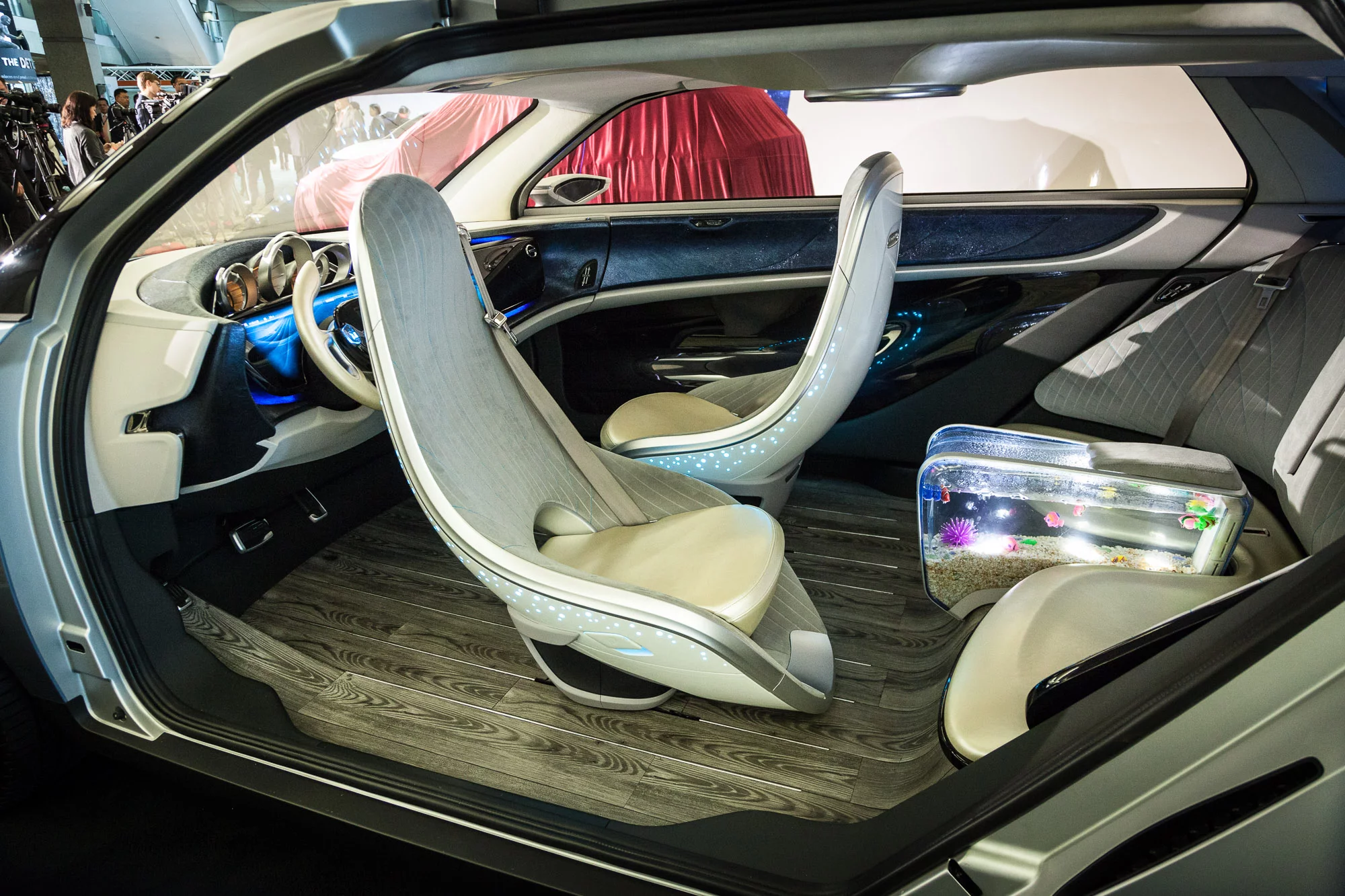 Guangzhou Automotive Group (GAC) showed its very odd electric WitStar SUV concept. Intended as an autonomous vehicle, the front seats swivel to face the rear seats (and inbuilt fish tank) while cruising (Photo: Gizmag/Loz Blain)