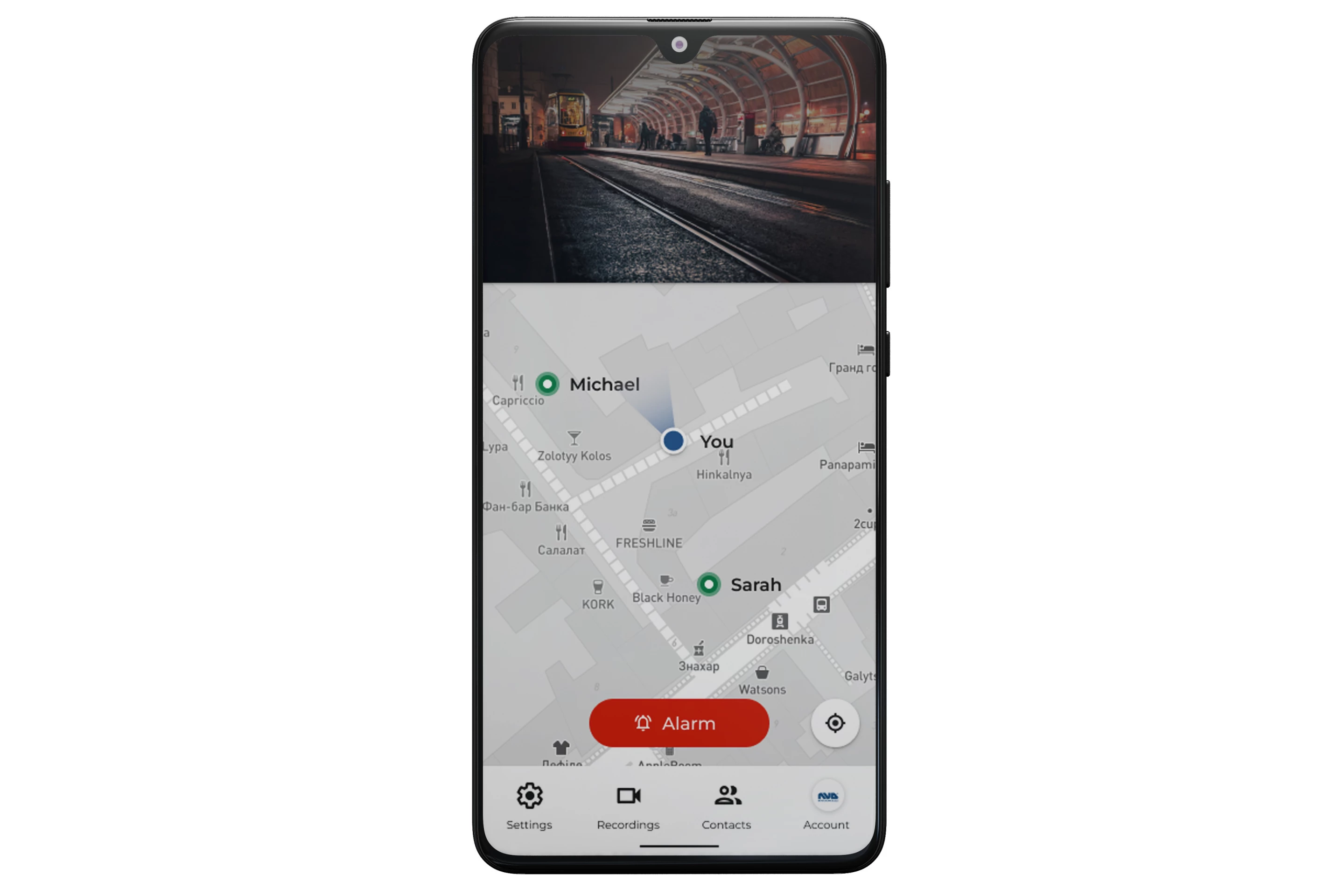 The app displays a live audio/video feed from the PhoneCam, it shows the user's location on a map, plus it allows the contact person and user to have a two-way conversation