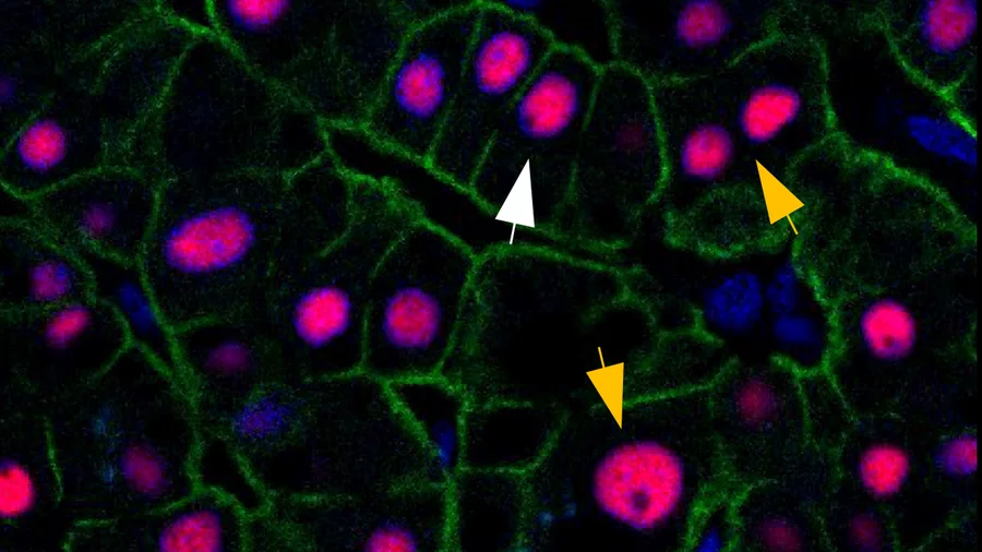 The white arrows indicate liver cells with the usual two sets of chromosomes, while the yellow arrows are cells that