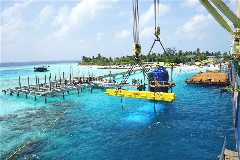 The restaurant rests on steel piles that were constructed in advance last year
