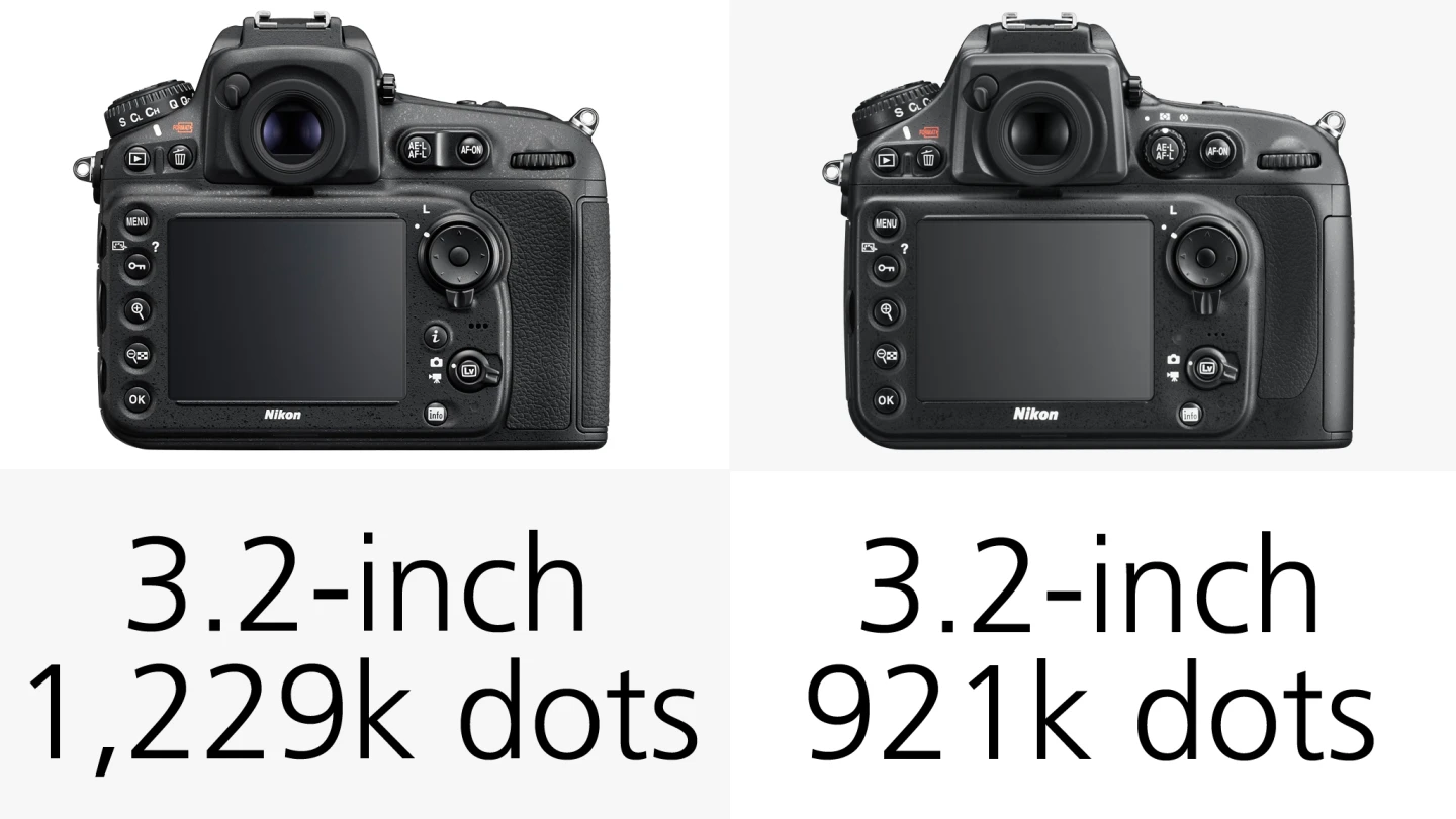The 3.2-inch monitor on the Nikon D810 is RGBW and has 1,229k dots compared to the 921k dots of the D800/E