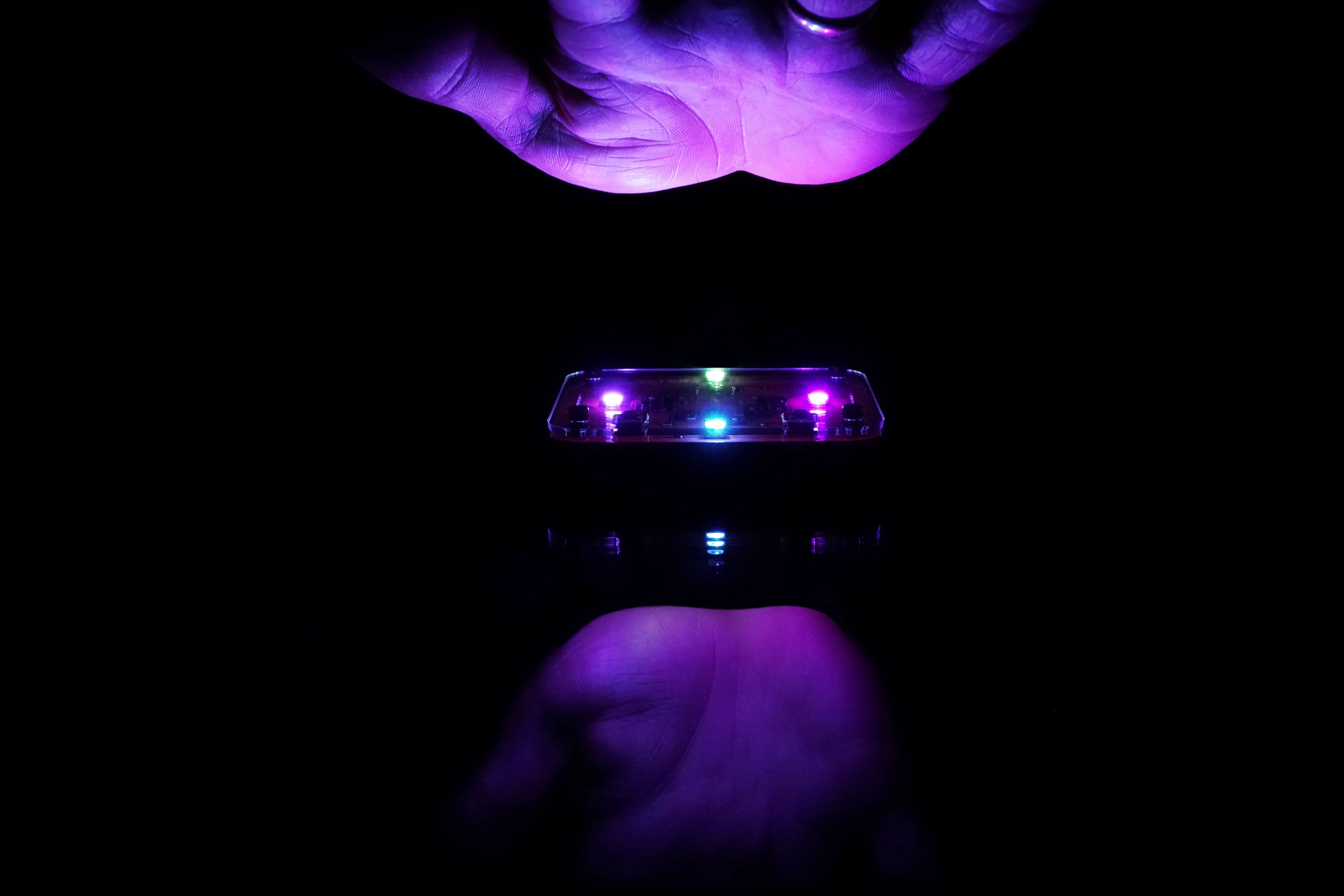 The MIDI Blaster features four infrared sensors to track hand movements, and RGB LEDs to add a visuals to the performance