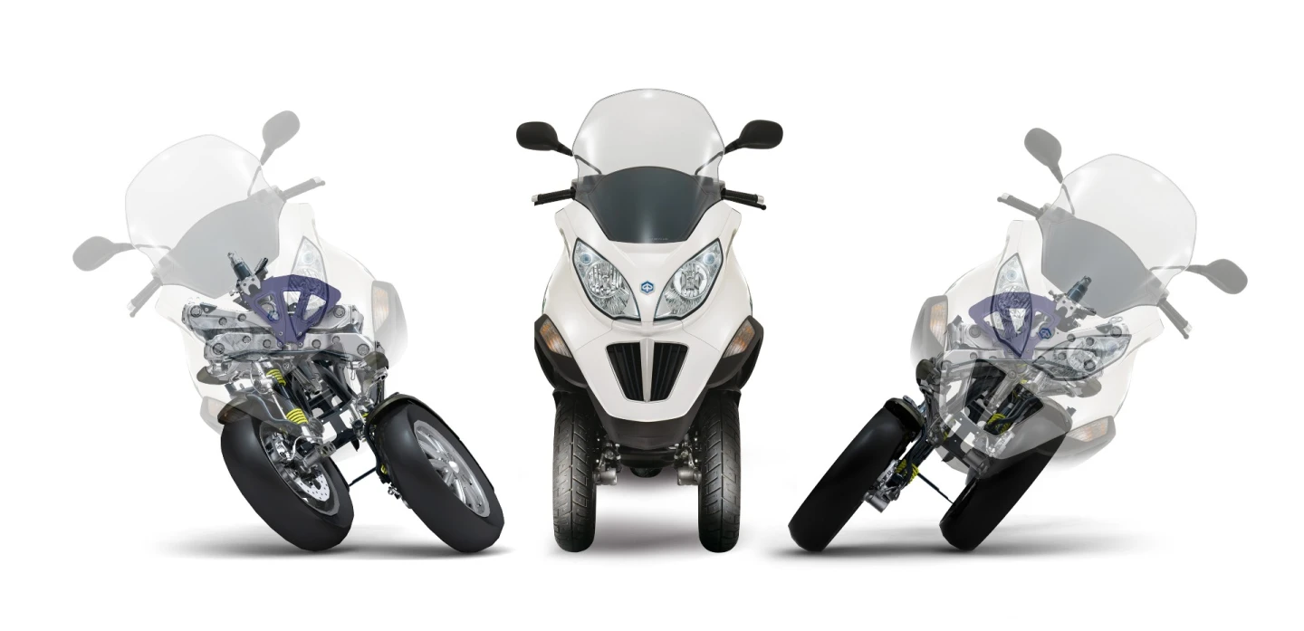 The tilting wheels are a basic principle of the Resolve project. Here is a demonstration of the tilting wheels implementation on the Piaggio MP3 Hybrid 300 i.e. LT
