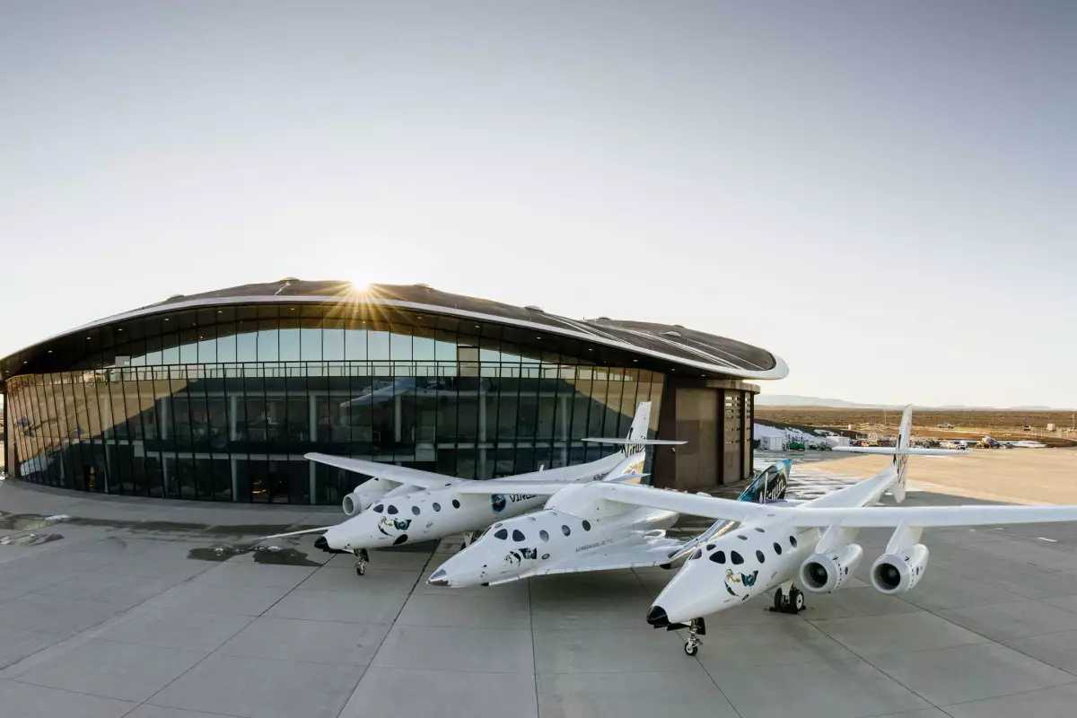 The Virgin Galactic Spaceflight System in front of Spaceport America