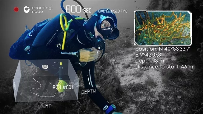 An example of how images can be matched to their tagged locations on a 3D dive map (lower left)
