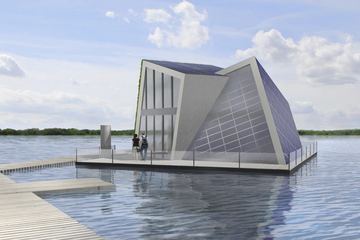 Building design of a floating house that provides its own heat and water