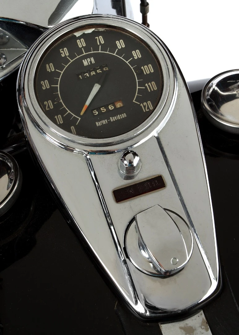 The black Harley-Davidson FLH Electra-Glide motorcycle purchased by Brando on April 8, 1970, and was sold showing 13,859 miles.