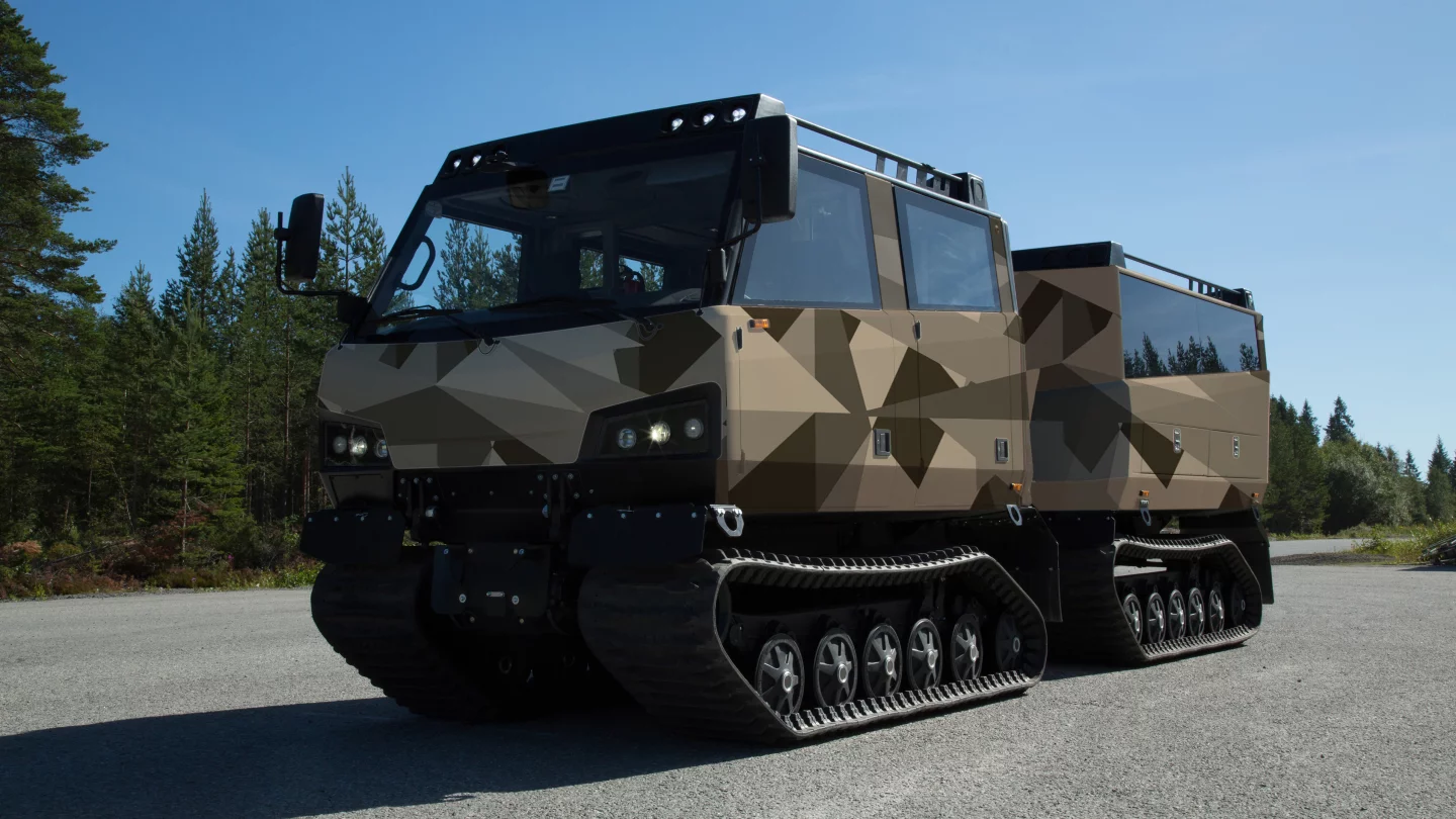 Beowulf is an unarmored, tracked, and highly versatile vehicle for carrying personnel and payloads in either of its two compartments across the most challenging terrains