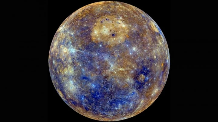 The tan colored region in the upper section of this color map of Mercury represents a region that experienced effusive volcanism in the ancient past