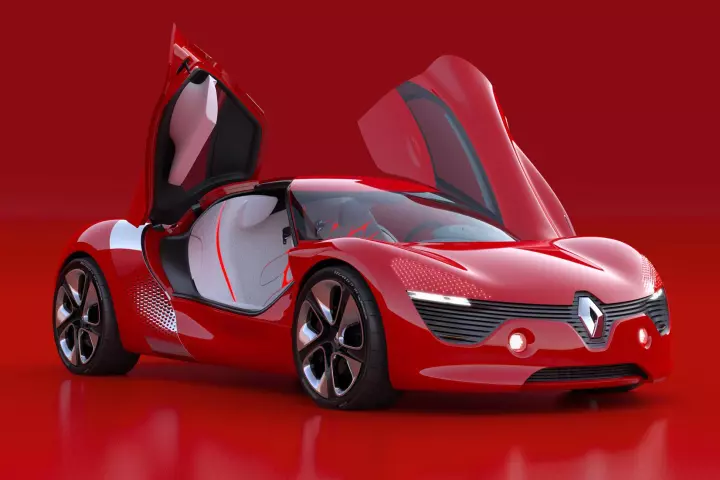 The Renault DeZir concept electric vehicle features gull-wing doors that open in opposite directions