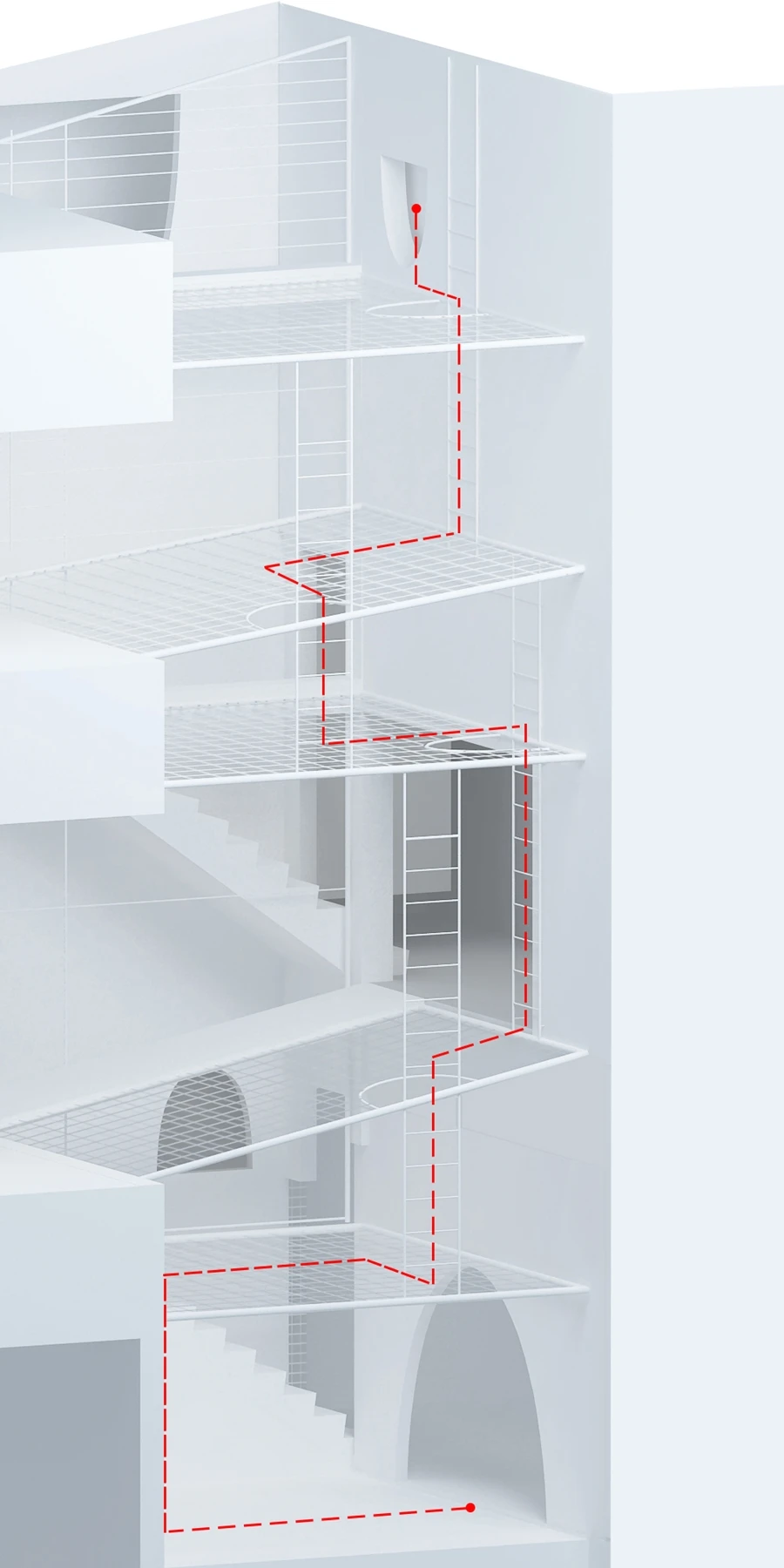 This image shows the route of the ladders and holes through the levels of netting