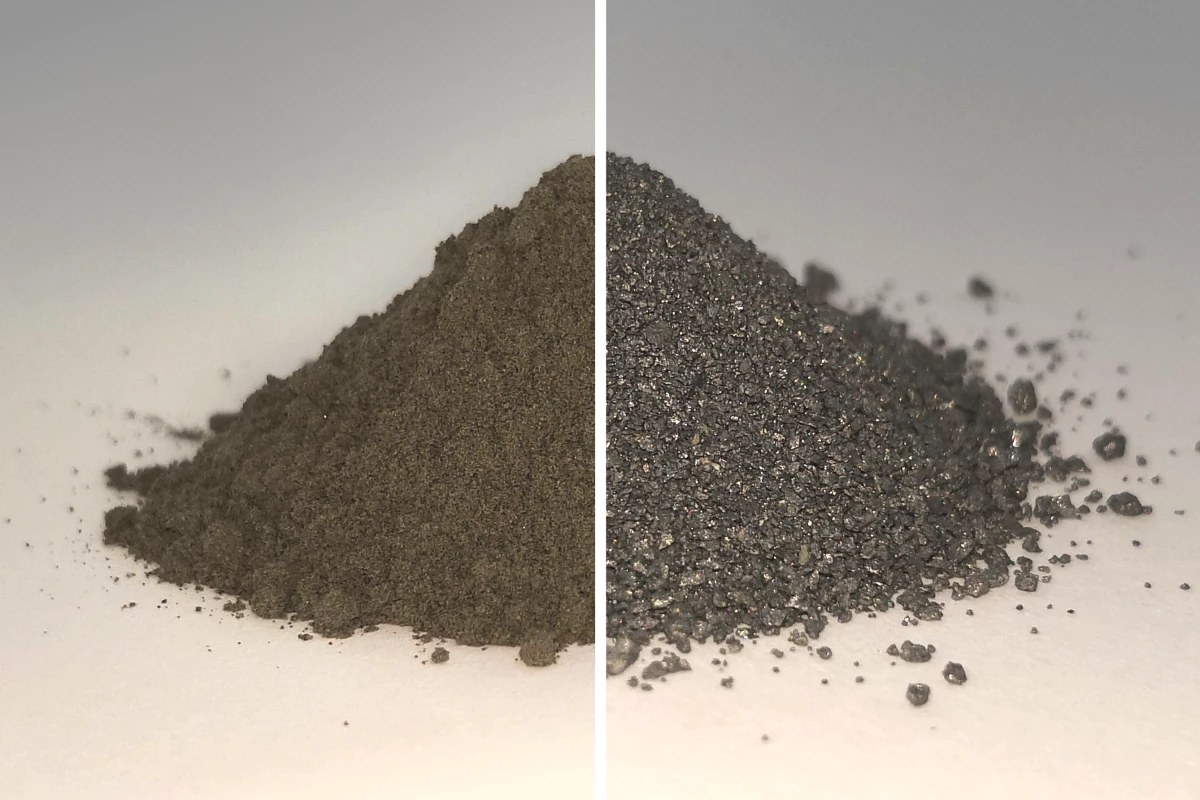 Simulated moondust, showing before (left) the oxygen is removed, and (right) the mostly-metal makeup afterwards