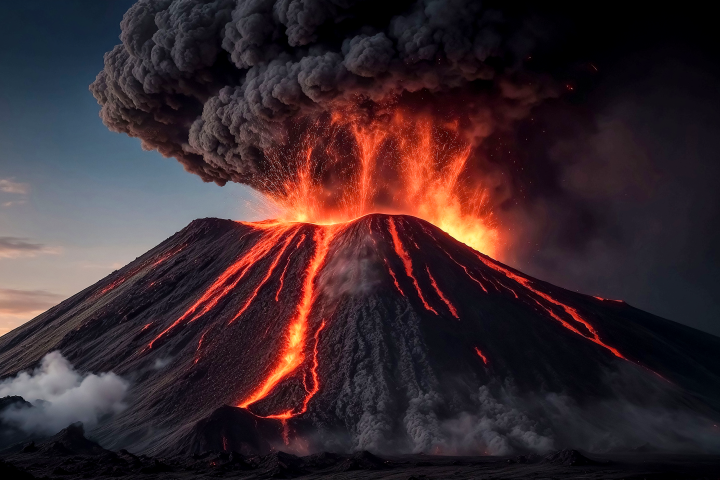 Pyroclastic flow and clouds of volcanic ash as Krakatoa erupts