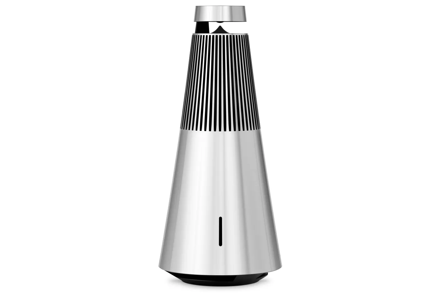 The 3rd-gen Beosound 2 wireless home speaker features a downfiring bass driver, two mid-range speakers inside and a tweeter up top that fires onto a wide-dispersion reflector