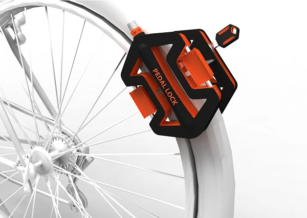 Pedal Lock clamps to the wheel of a bicycle to prevent a thief from making a quick or clean getaway
