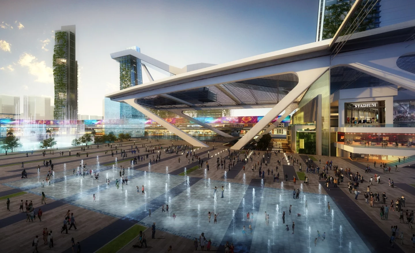 A civic plaza will be able to host up to 60,000 people and will be home to a floating stage, a waterfall and what is claimed will be the the largest dancing fountain in the world