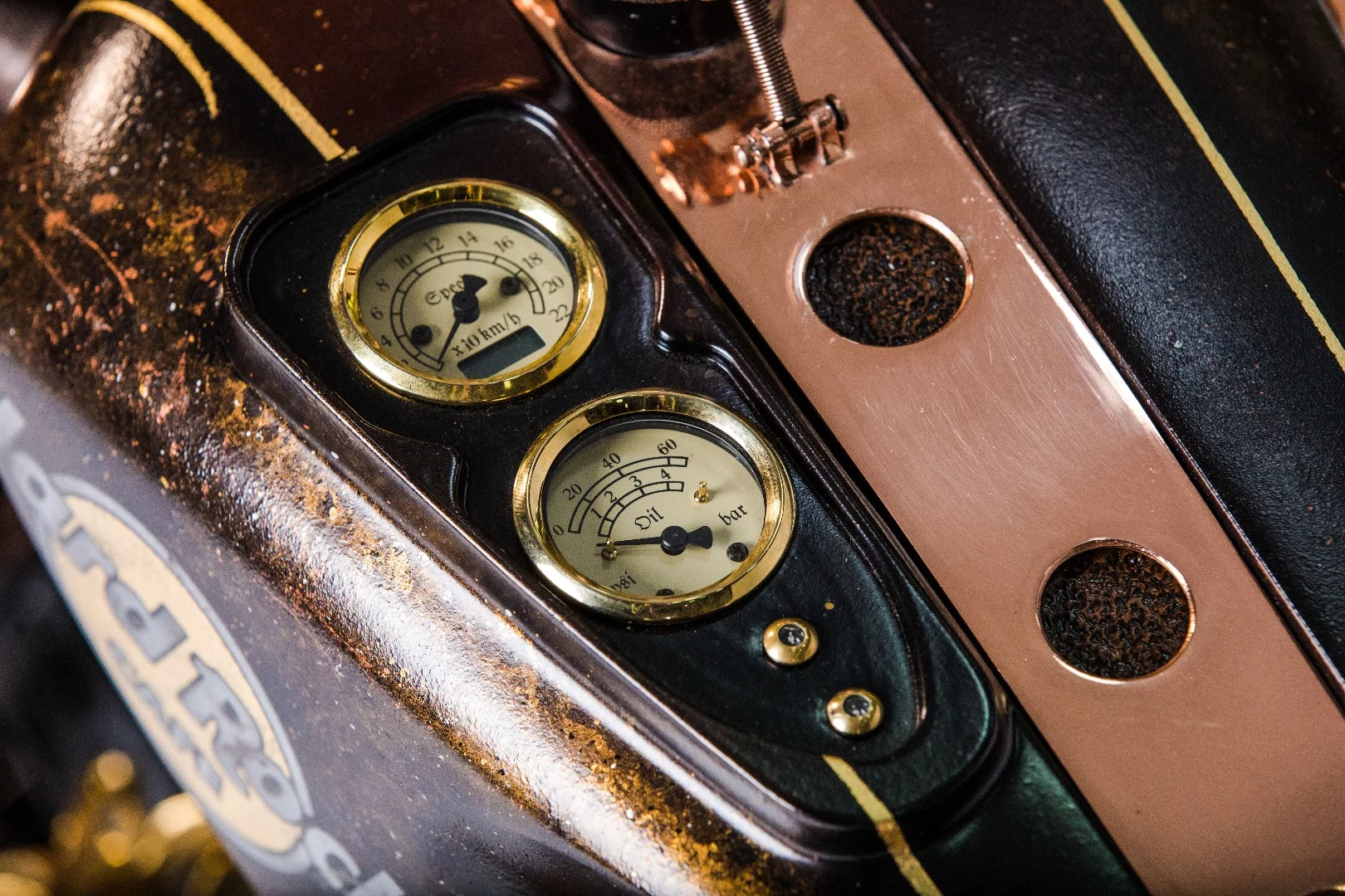 The speed and oil pressure gauges of the Cafe Racer by Game Over Cycles have been designed to look like the dials of a coffee machine