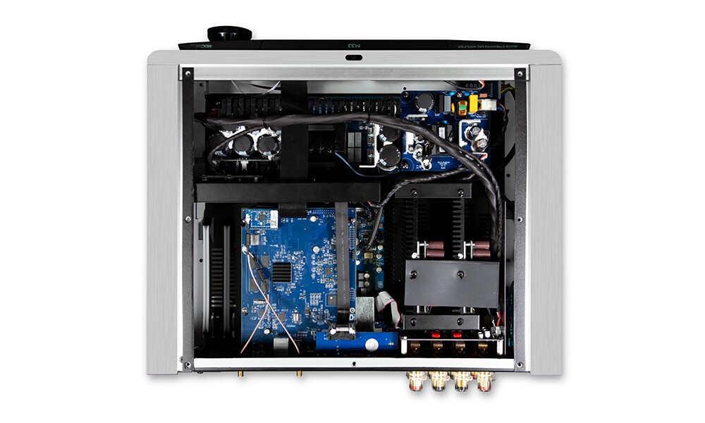 At the heart of the M33 is a 32-bit/384-kHz ESS Sabre DAC, it's reckoned to be the first amplifier to feature Purifi's ultra low noise amplification technology, has the BluOS multi-room platform built in, and comes with Dirac room correction technology