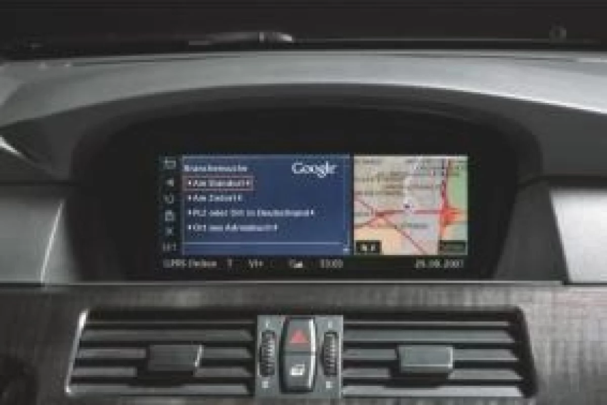 BMW's in-dash ConnectedDrive navigation system, now featuring Google Local Search abilities.
