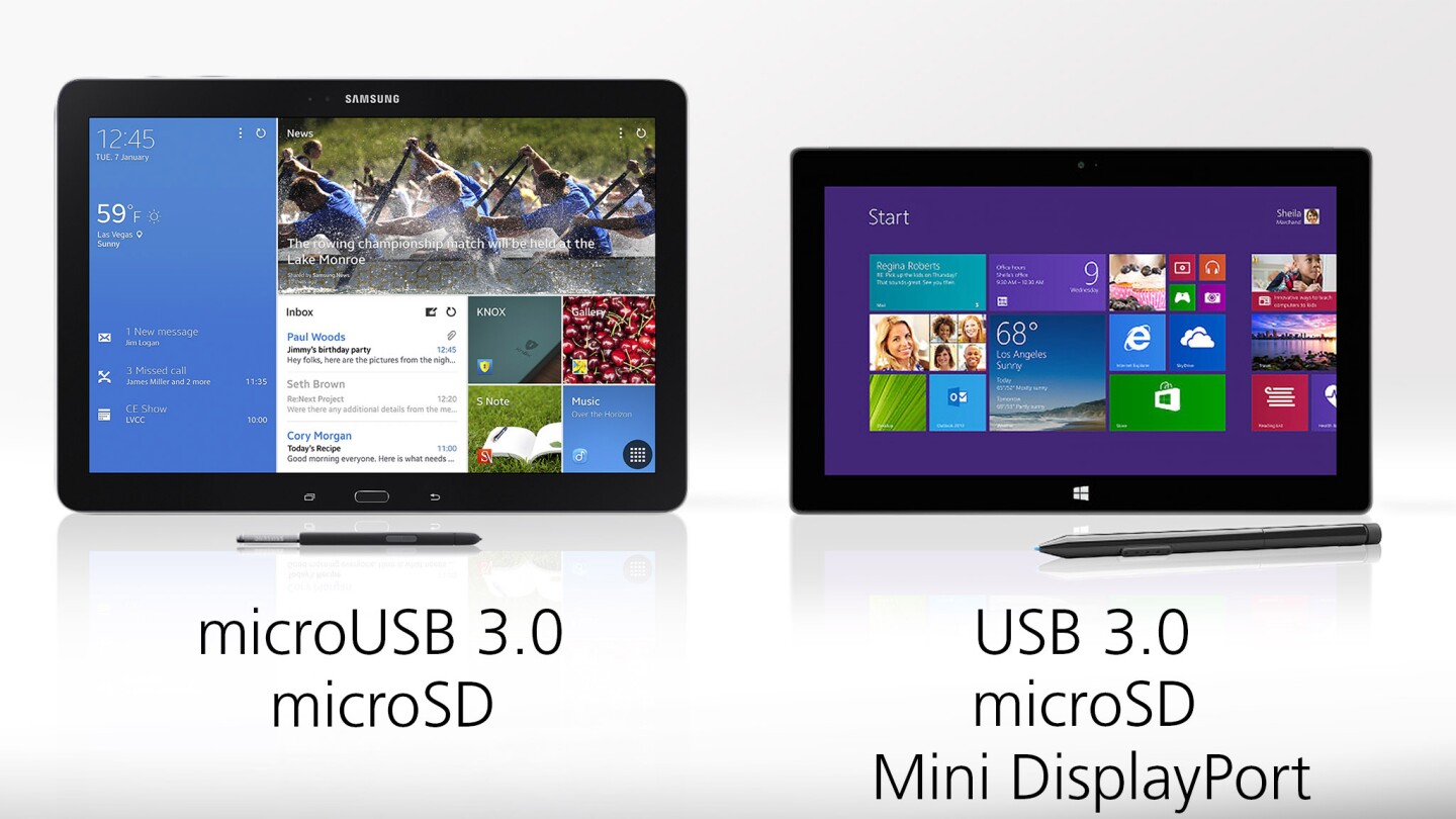 The Surface's USB port gives it a bit of accessory versatility that the Note's microUSB port can't