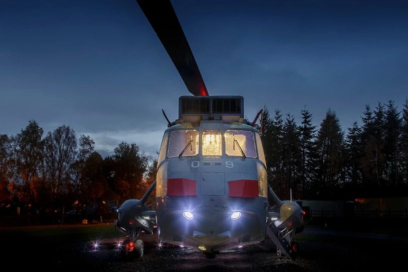Helicopter Glamping all lit up at night
