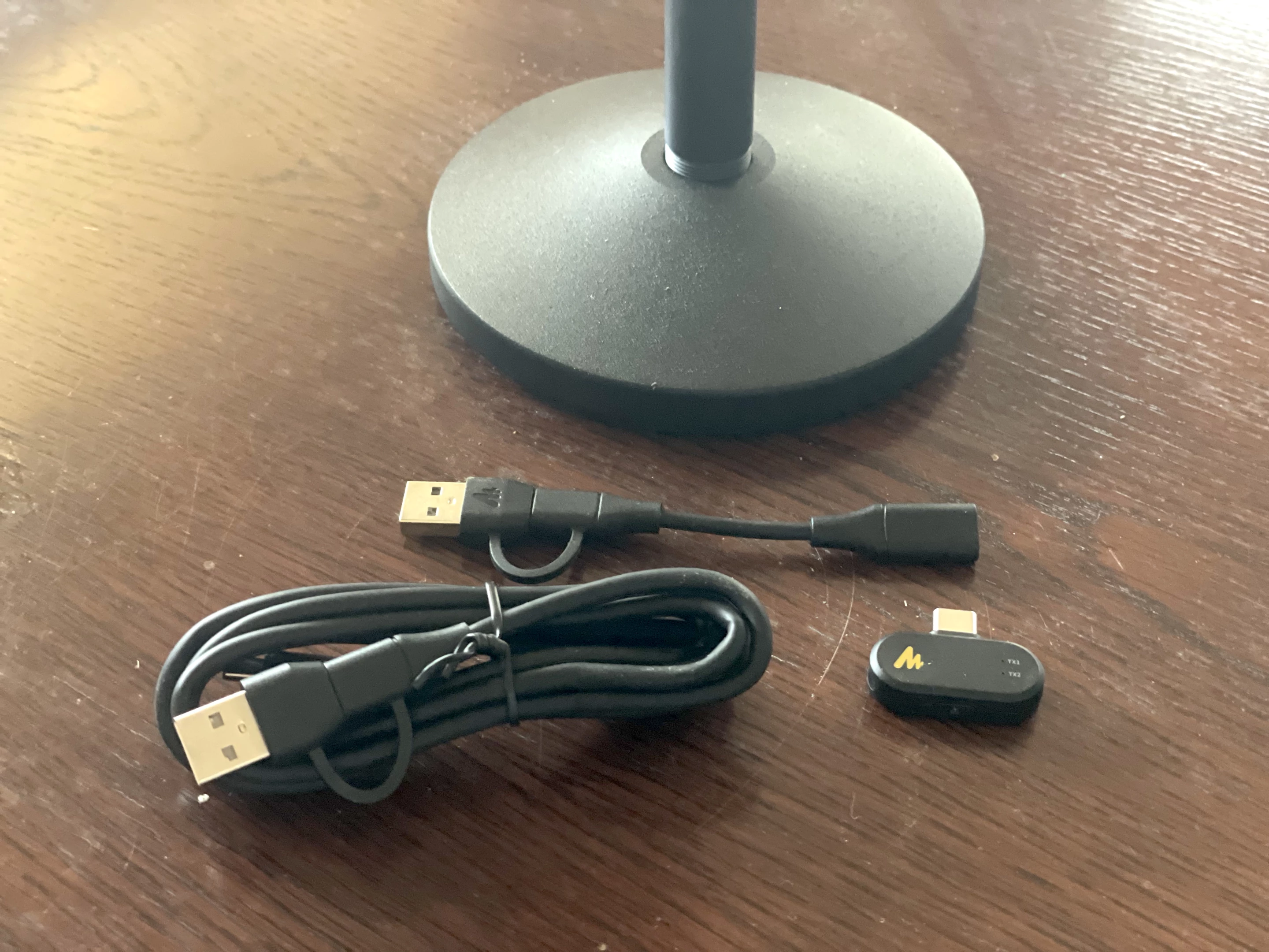 The mic comes with the usual charging equipment and also a USB-C receiver for wireless recording