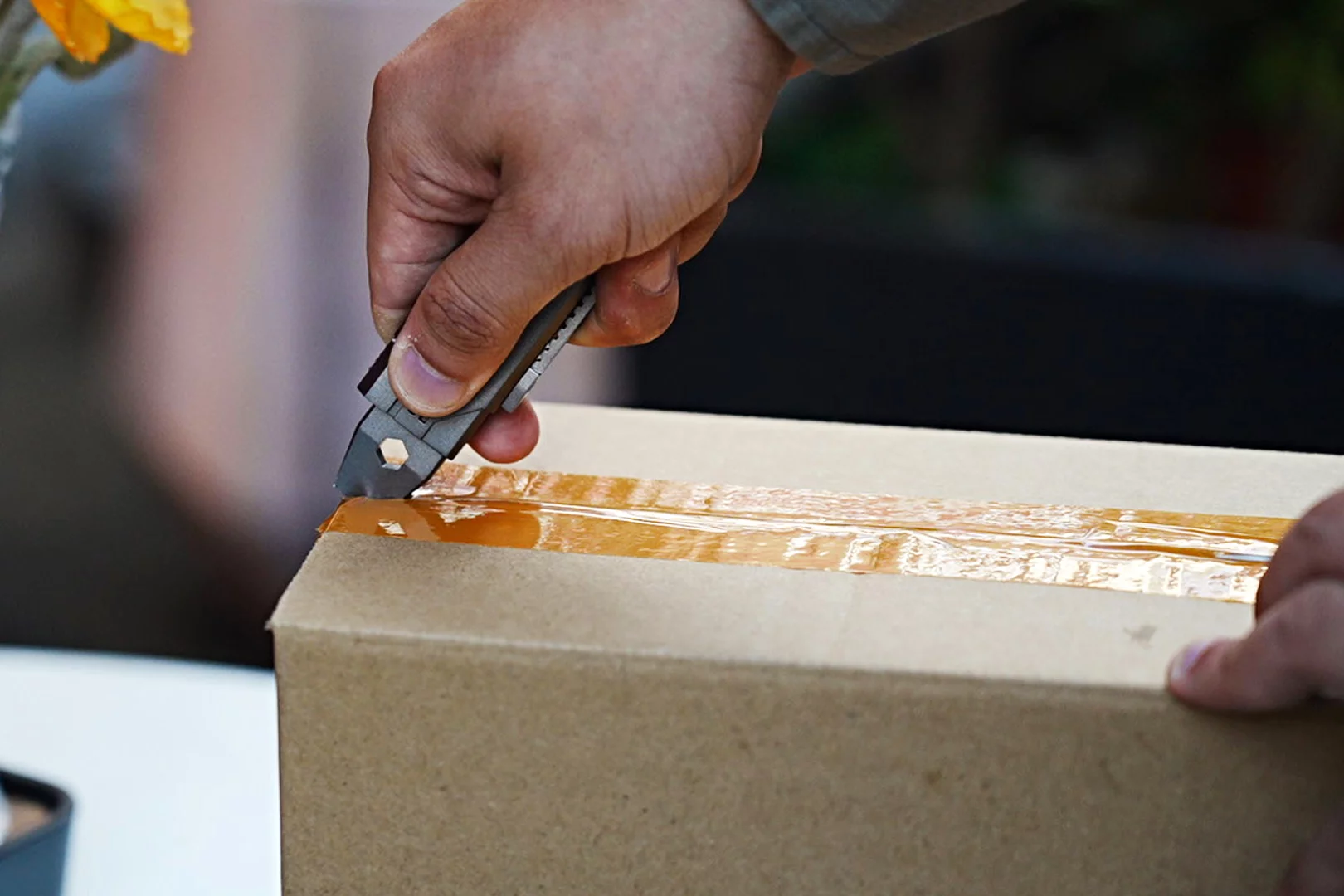 The pry bar can also be used to slice open packages