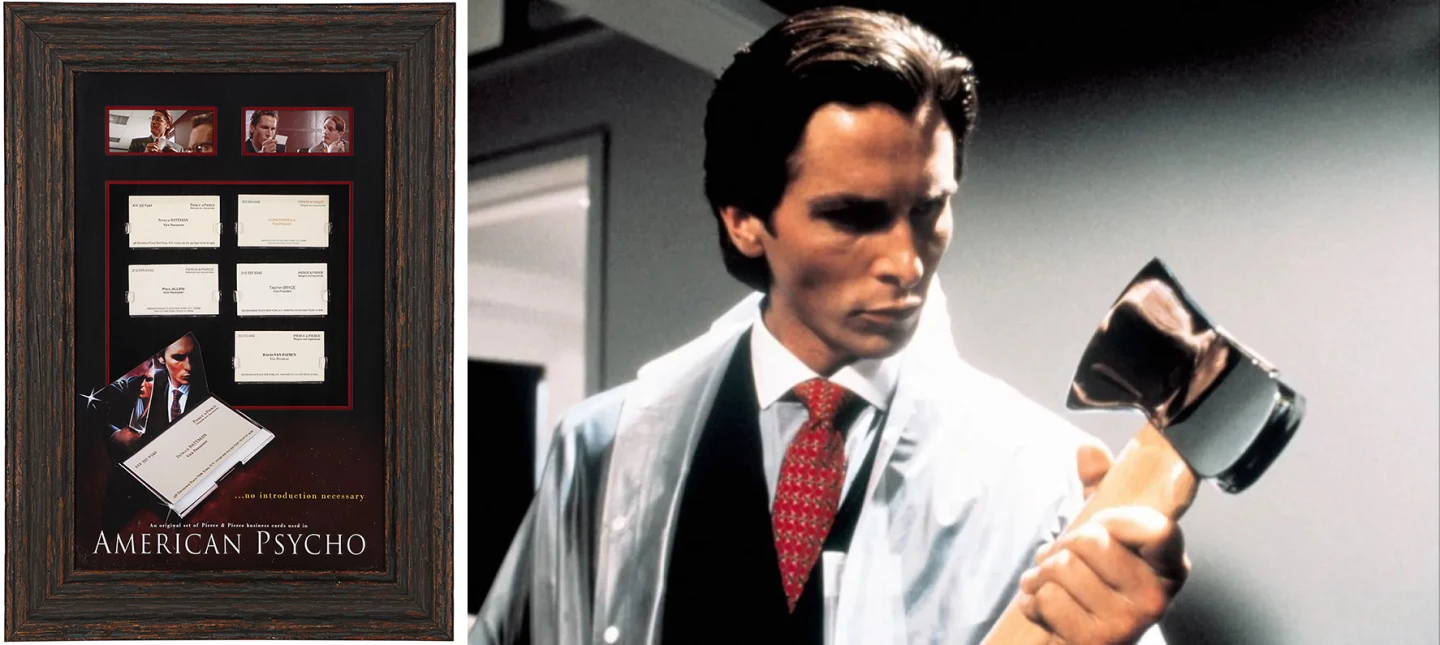 A set of business cards from the satirical crime thriller "American Psycho" sold for $17, 269 at Propstore.