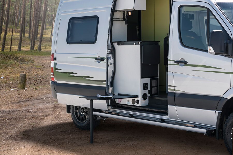 The Revel includes an outdoor table that hooks up to the back of the kitchen unit