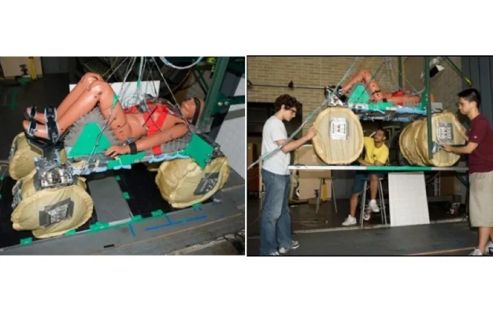 Sydney Do (right panel, at right) works on his prototype astronaut air bag system