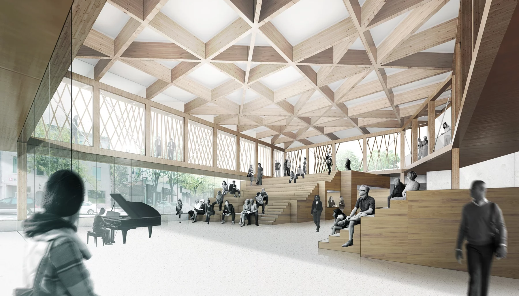 The Writers Theatre has tribunes that act as a meeting place in its atrium