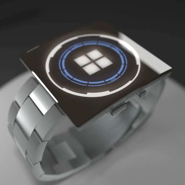 The square LED face is countered by a circular dial clearly inspired by science fiction films