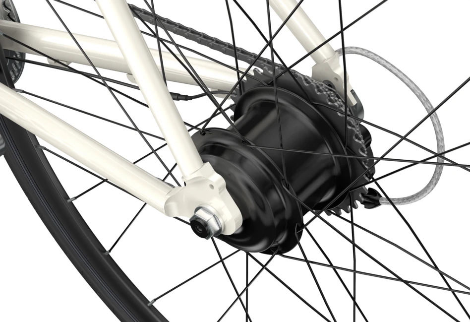 The compact rear hub motor supports speeds up to 15.5 mph