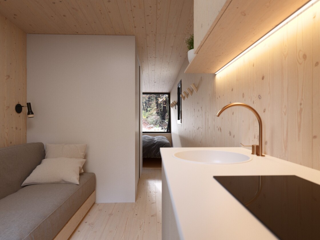 The main space includes fully-equipped wall kitchen and living area with sofa bed