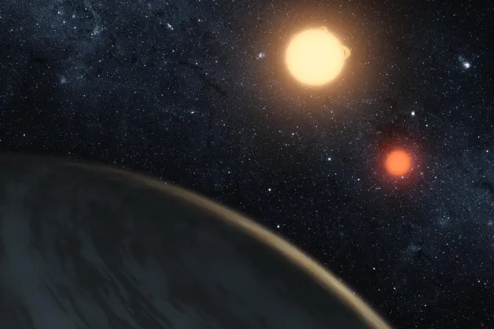Artist's concept illustrating Kepler-16b, the first planet known to definitively orbit two stars (Image: NASA/JPL-Caltech/T. Pyle)