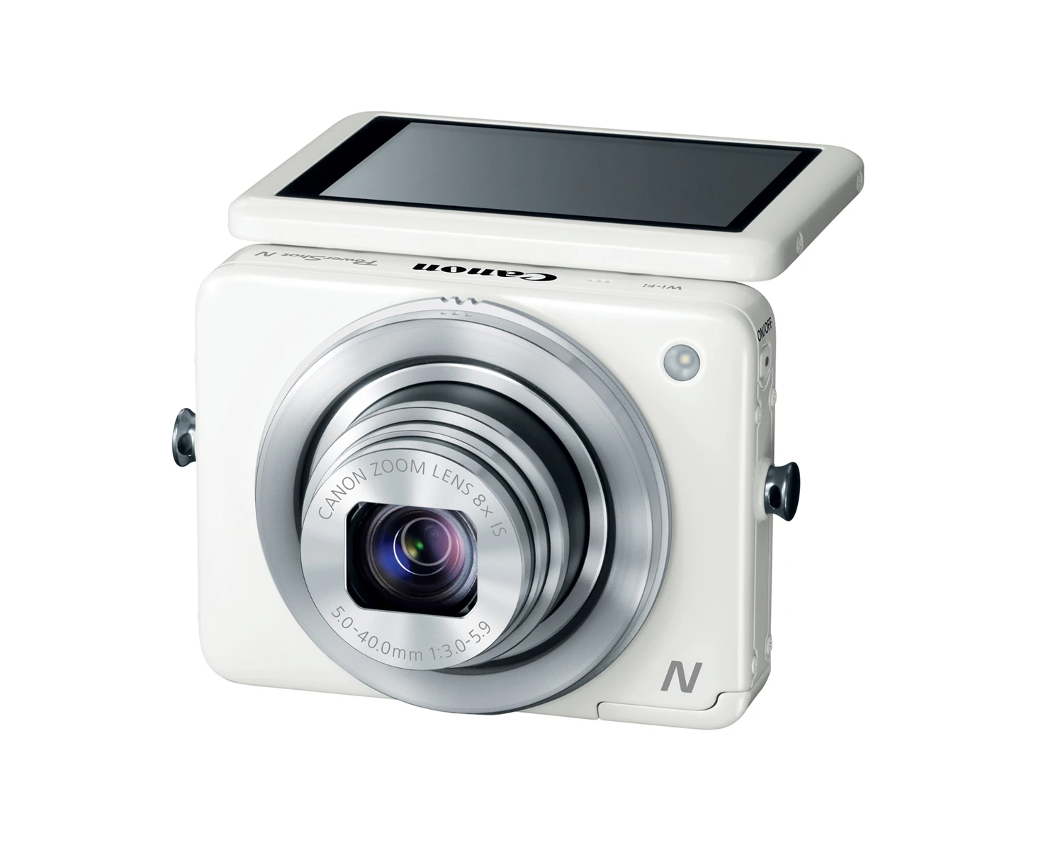 The 2.8 inch touch panel LCD on the Canon Powershot N tilts 90 degrees