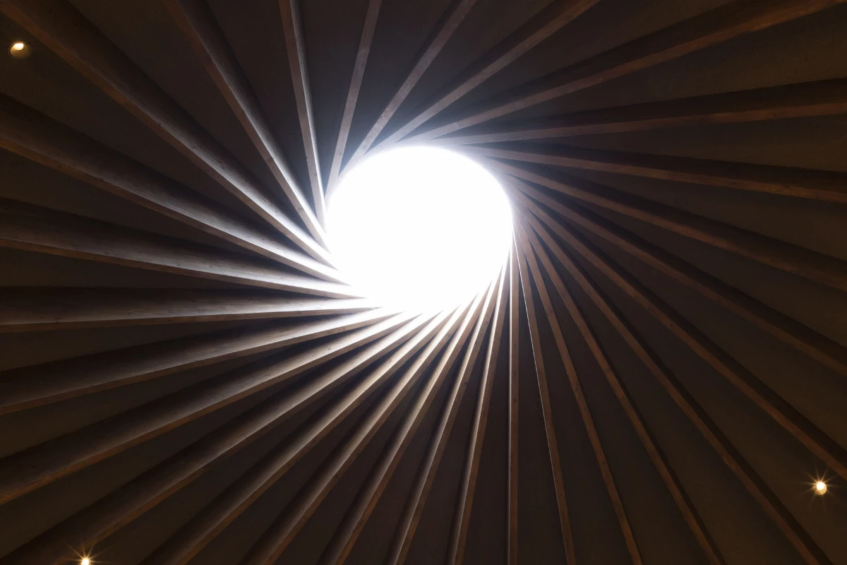 Slim timber beams almost weave into each other as they twist upwards, creating an impressive circular ceiling with a central round skylight
