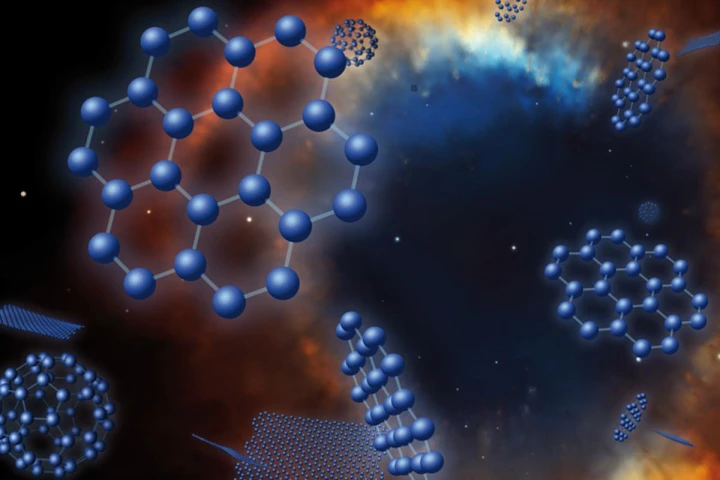 An artist's concept of graphene, buckyballs and C70 superimposed on an image of the Helix planetary nebula (Image: IAC/NASA/NOAO/ESA/STScI/NRAO)