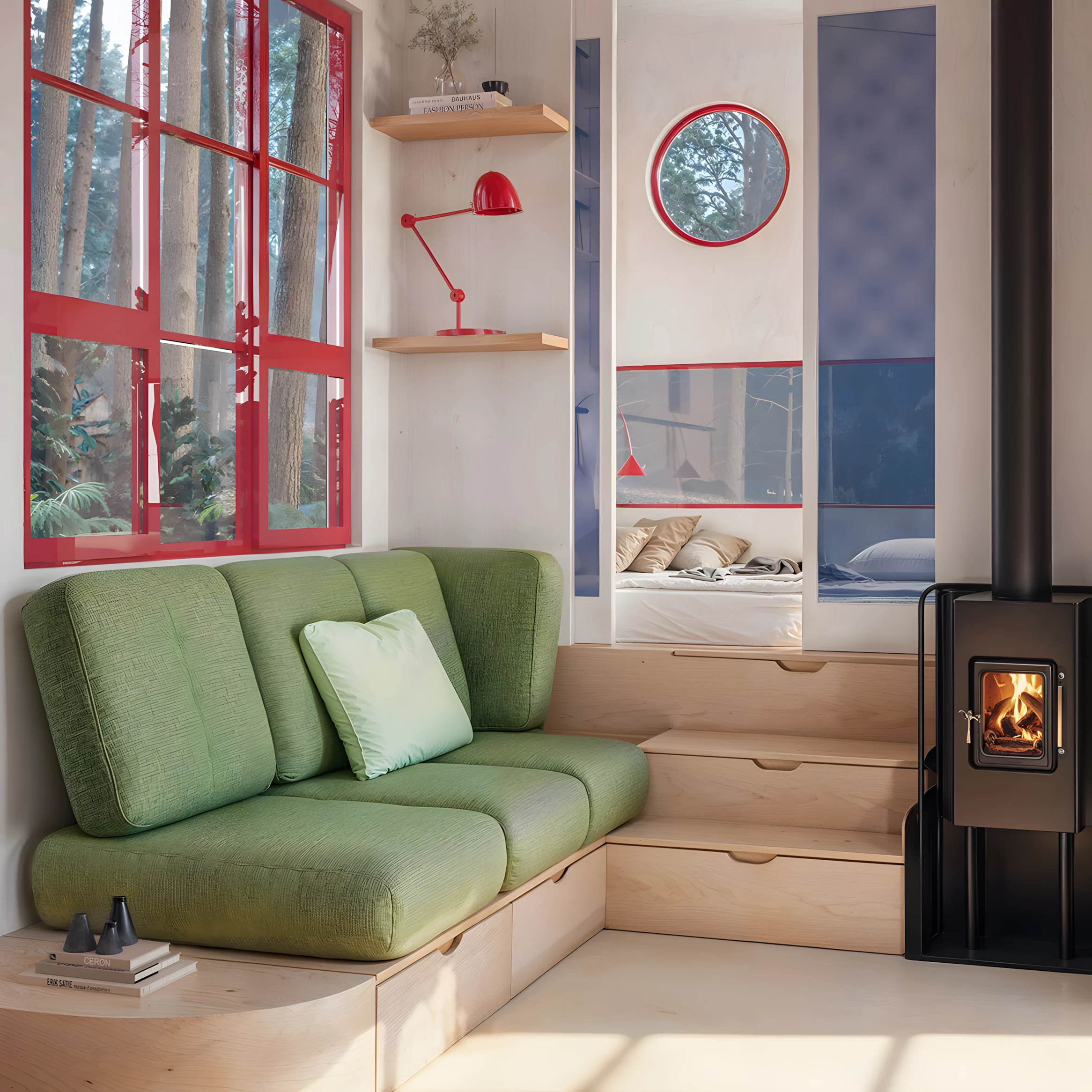 The THOW's living room has lots of integrated storage space