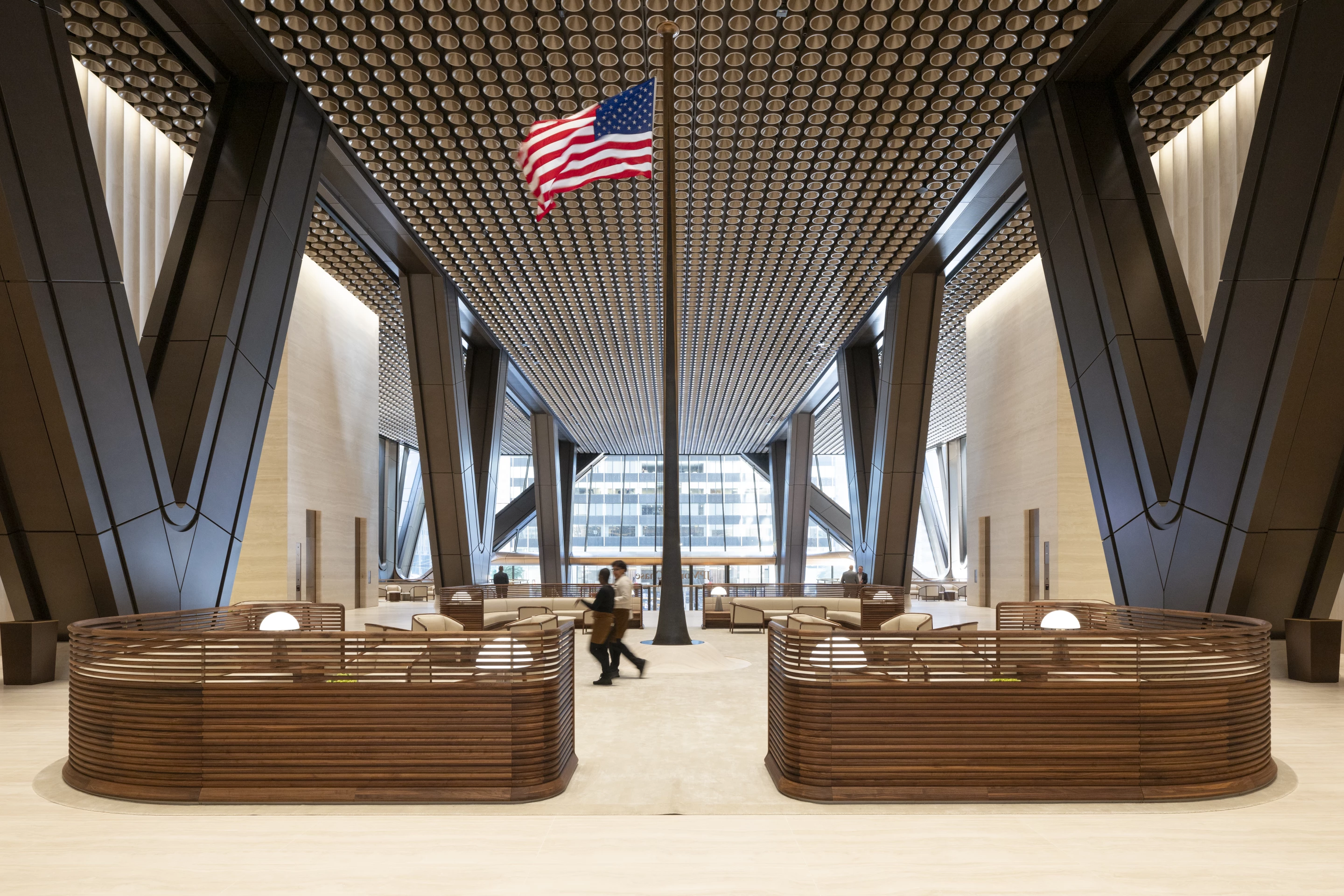 270 Park Avenue's lobby includes a large US flag that flutters in an artificial breeze
