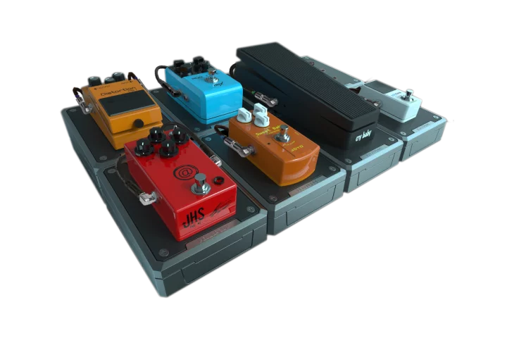 Each Pedal Pods module has its own adjustable power source and locks with other Pods to form a custom pedalboard