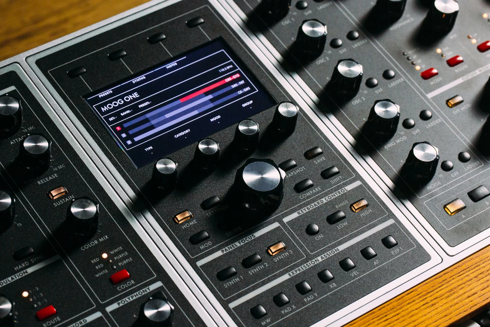 The Moog One's LCD panel sits right in the middle of the synth's 73 knobs and 144 buttons