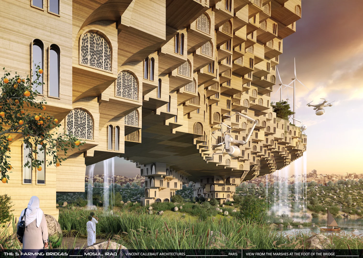 The 5 Farming Bridges' homes would be stacked atop each other in a pixelated style inspired by Islamic Muqarnas (a kind of vault)