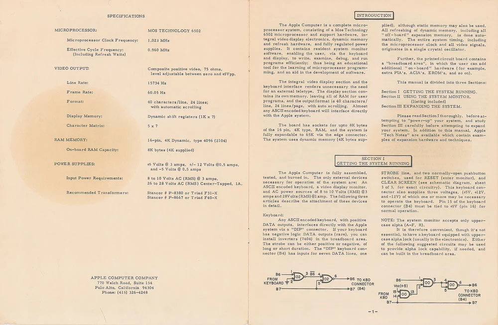 The inside cover and first page of the rare 1976 operation manual showing the specs of the system. Note the maximum RAM capacity of 8 kilobytes, which contrasts with the 16 gigabyte RAM capacity for the entry-level MacBook Pro released this week
