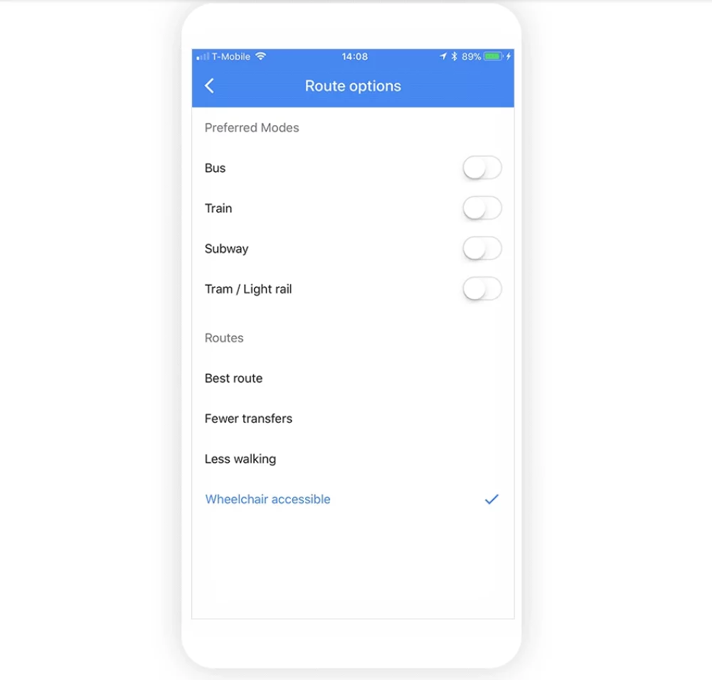Users can find wheelchair accessible routes in Google Maps by punching in their destination, hitting the "Options" button and then checking the "Wheelchair accessible" toggle